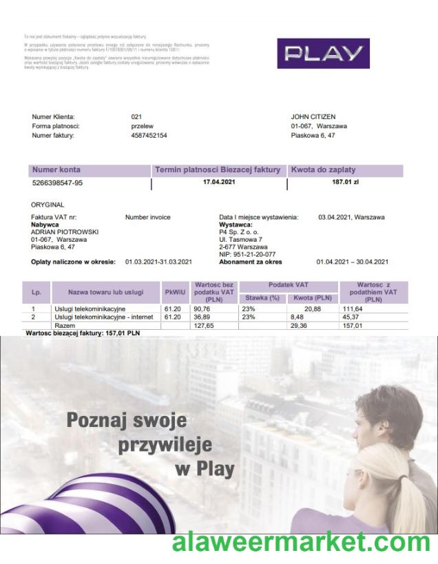 Poland Play utility bill template in Word and PDF format, fully editable